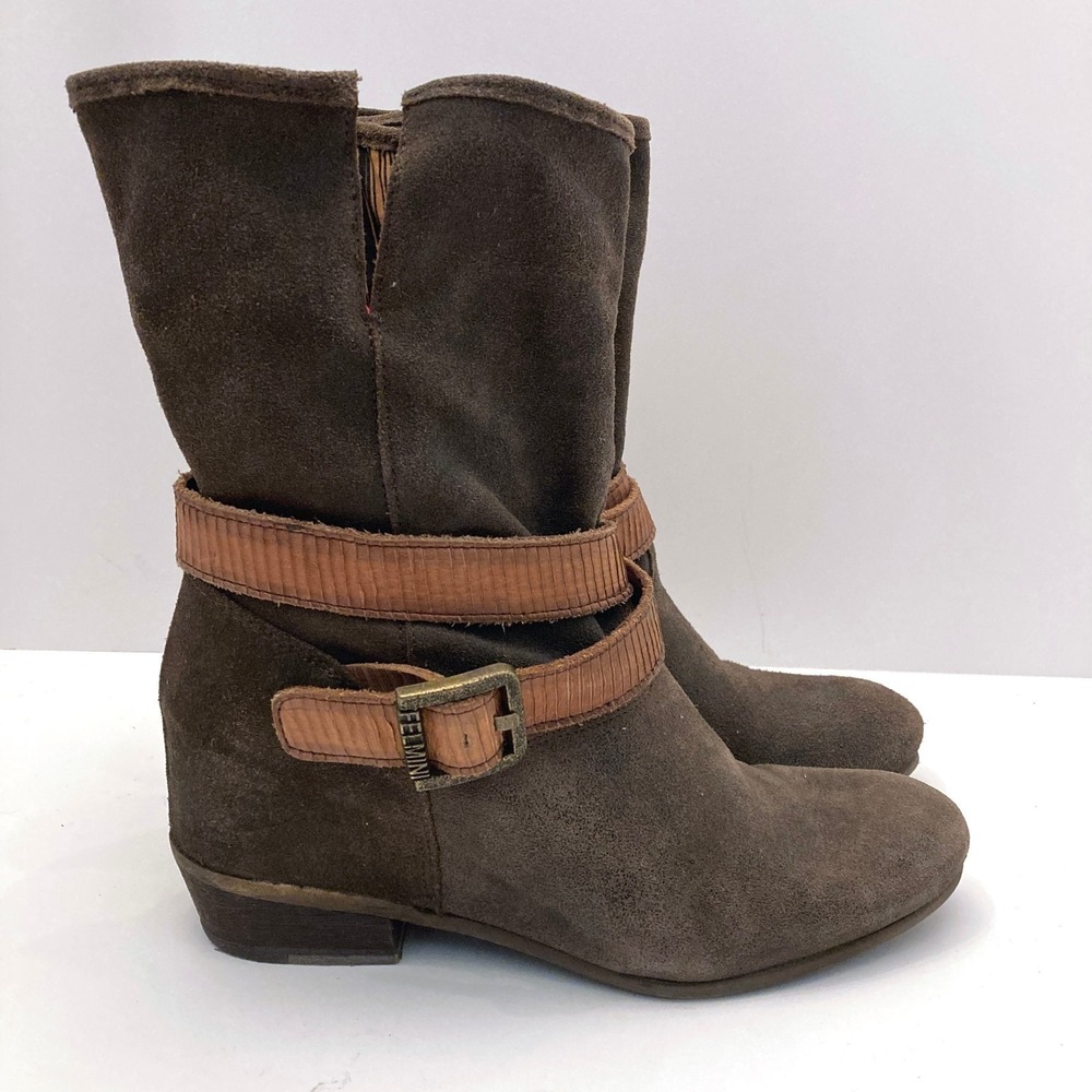 Felmini Brown Soft Suede Leather‎ Mid Calf Heeled Pull On Boots Womens 41 Strap